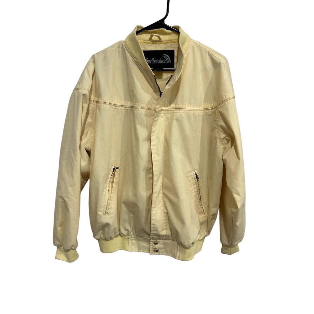 Vintage Windbreaker Ivory Bomber Jacket Zip Pockets and Ribbed Hem SZ Medium